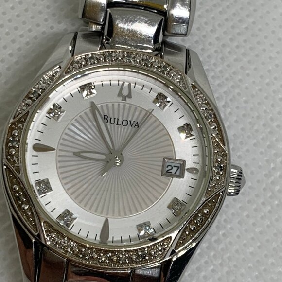Bulova Diamonds date women’s watch Silver Tone mop Dial  c660844 size 6” running main image 6